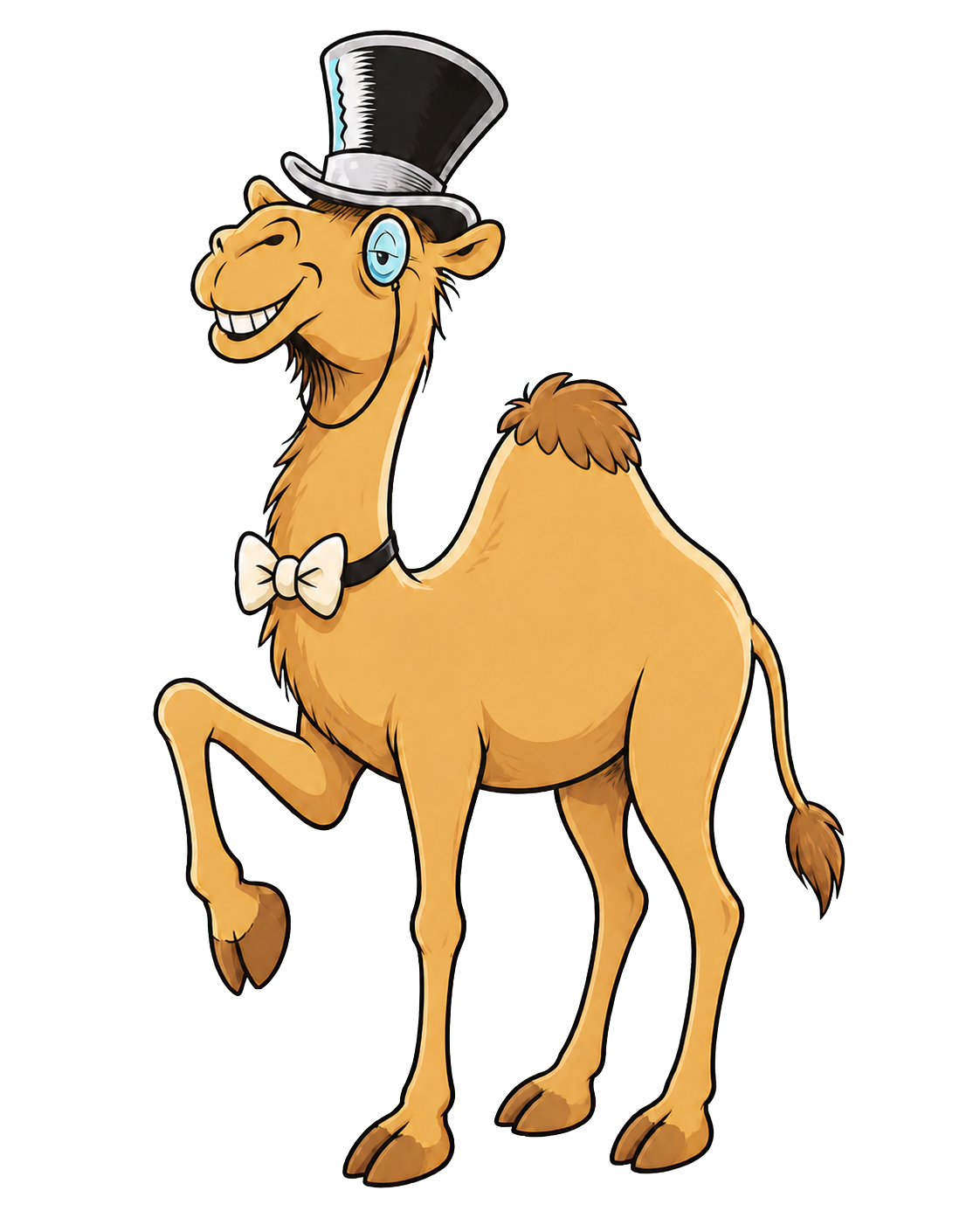 Mayor Camelo standing proudly in a top hat, monocle, and bow tie