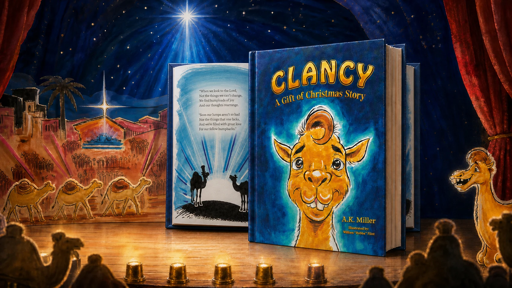 Clancy hardcover and open illustrated pages presented on a Christmas pageant stage beneath a shining star