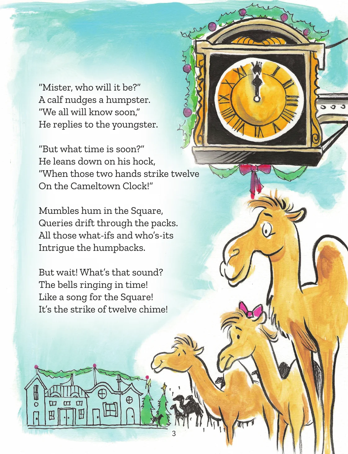 Interior page showing camel families gathered beneath the Cameltown clock as it strikes twelve